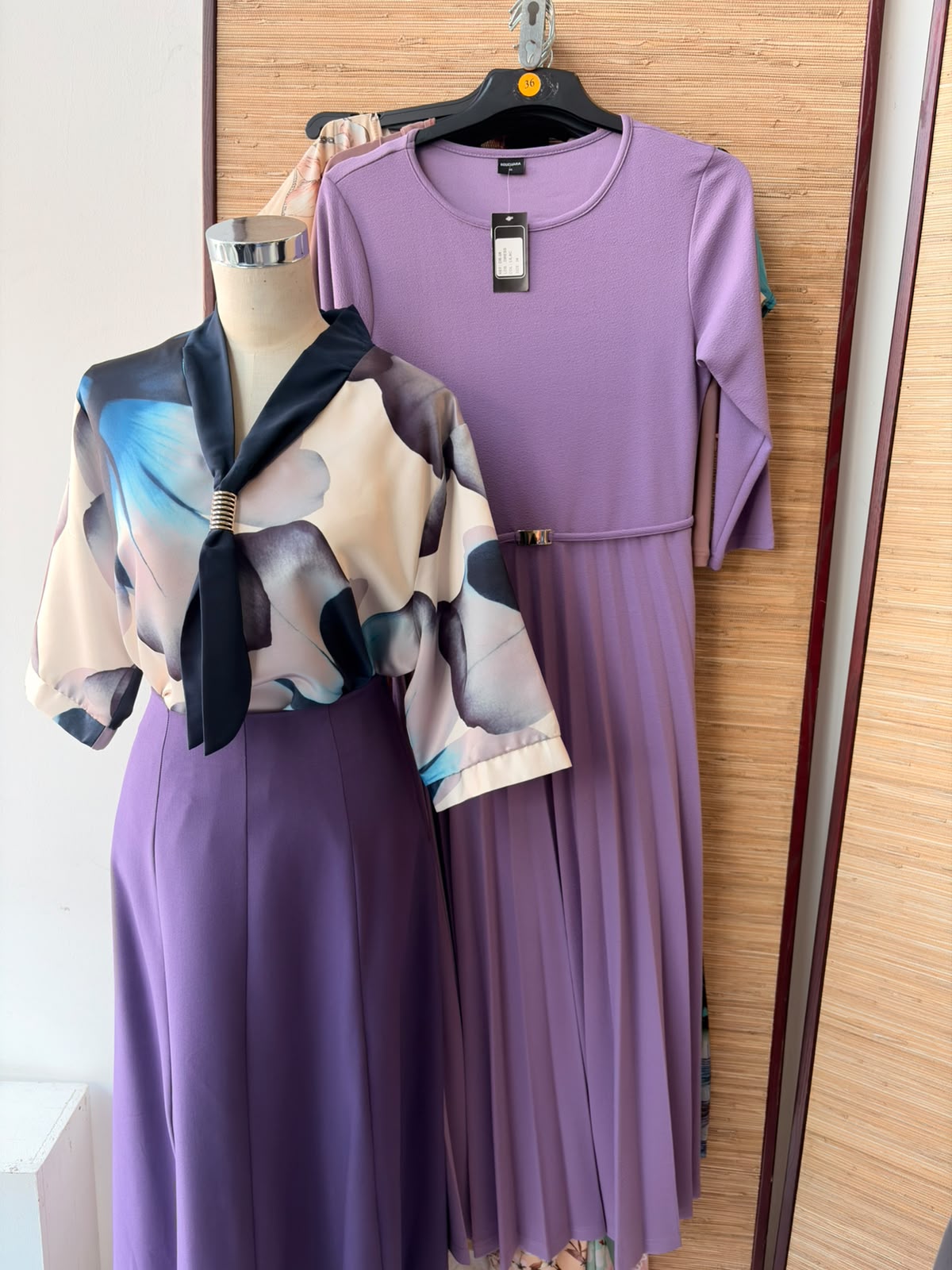 Lilac and floral dresses styled together